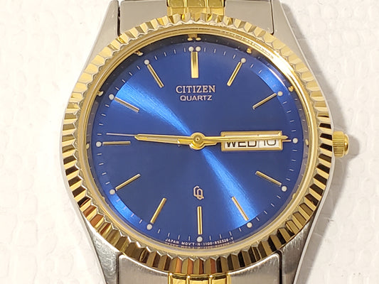 Vintage Citizen CQ Men's Day Date Presidential Watch Gold Tone Blue Dial S Steel