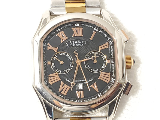 Vintage Stauer Automatic Men's Watch 27 Jewels Rose Gold Tone Black Dial S Steel