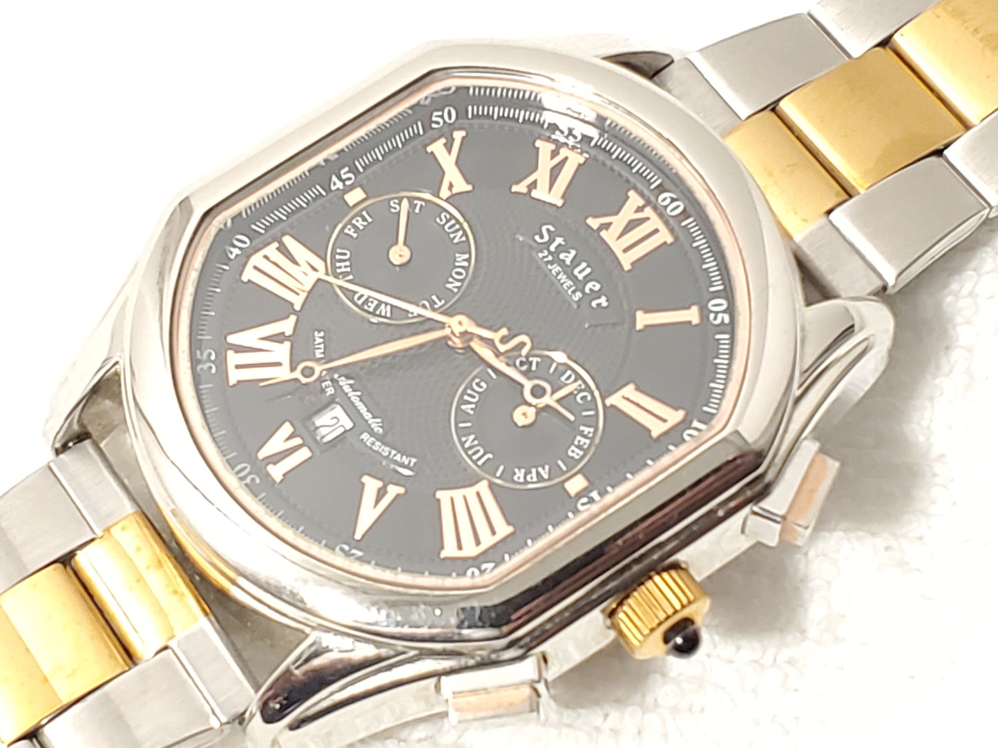 Vintage Stauer Automatic Men's Watch 27 Jewels Rose Gold Tone Black Dial S Steel