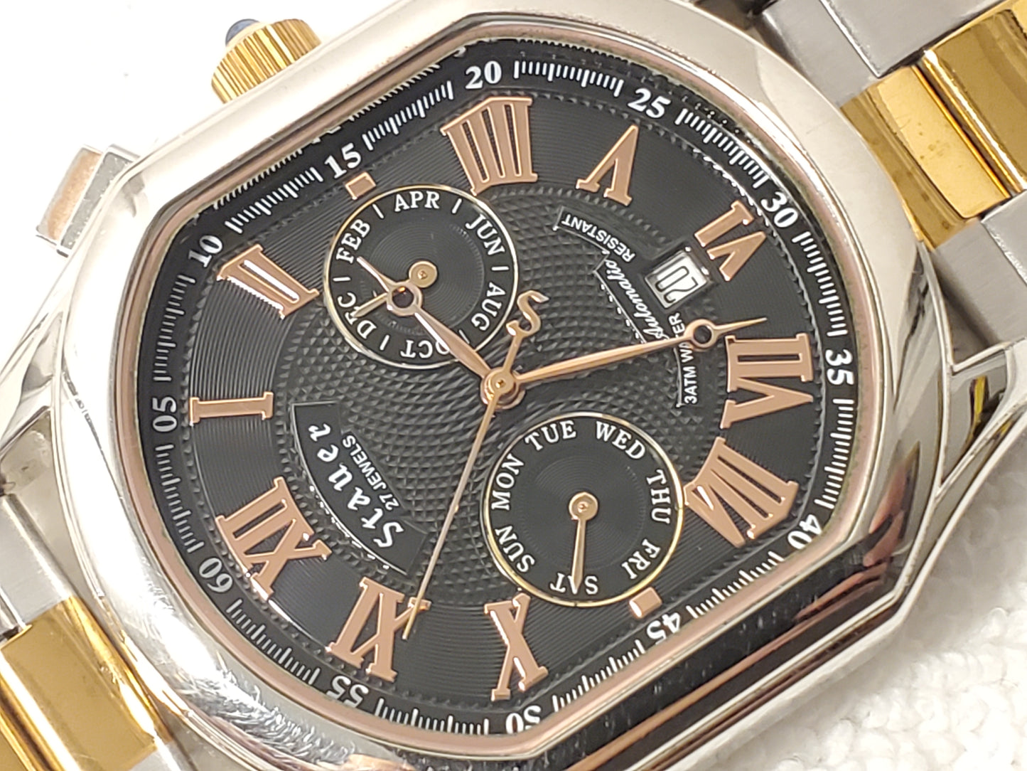 Vintage Stauer Automatic Men's Watch 27 Jewels Rose Gold Tone Black Dial S Steel