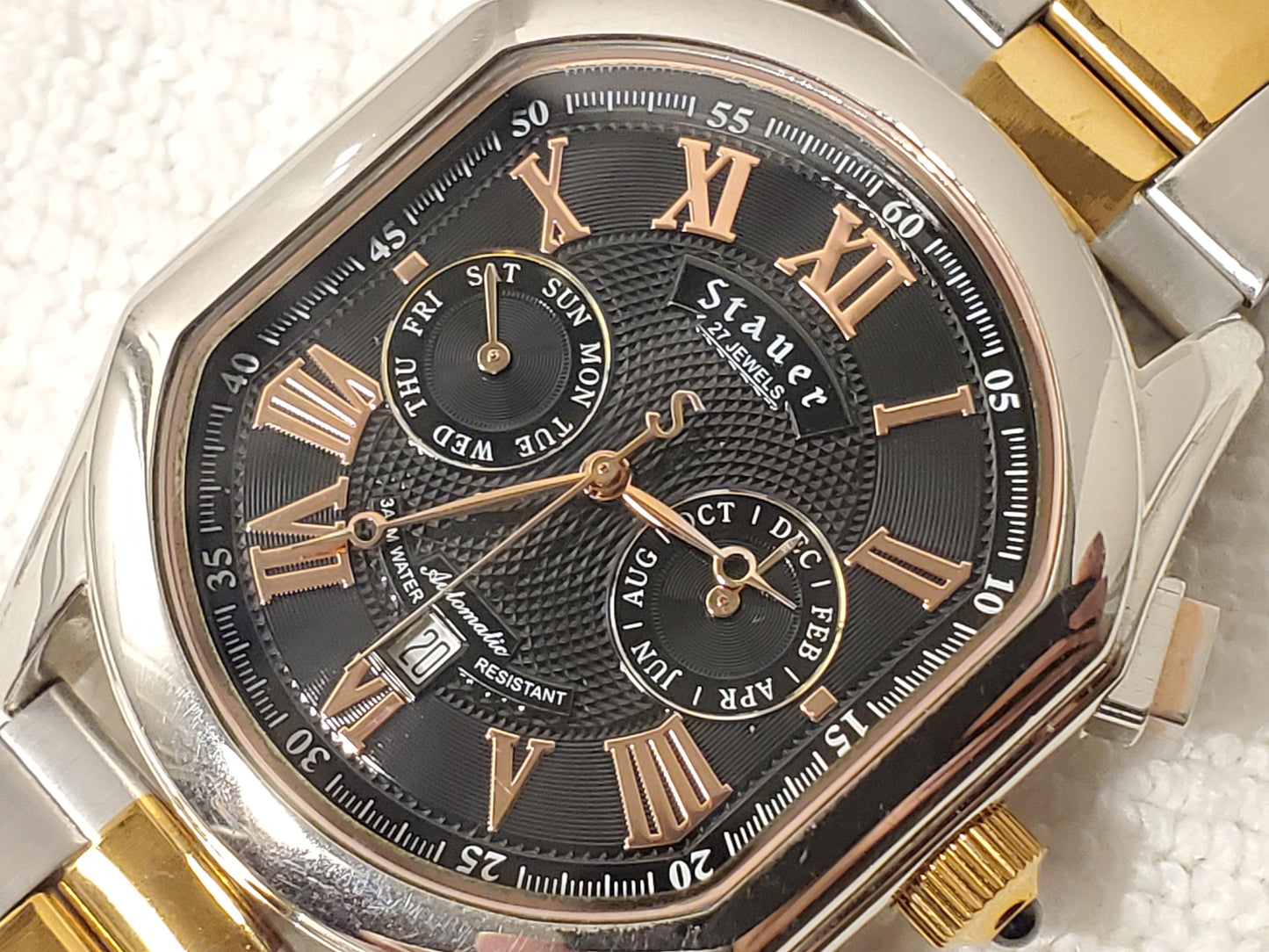 Vintage Stauer Automatic Men's Watch 27 Jewels Rose Gold Tone Black Dial S Steel