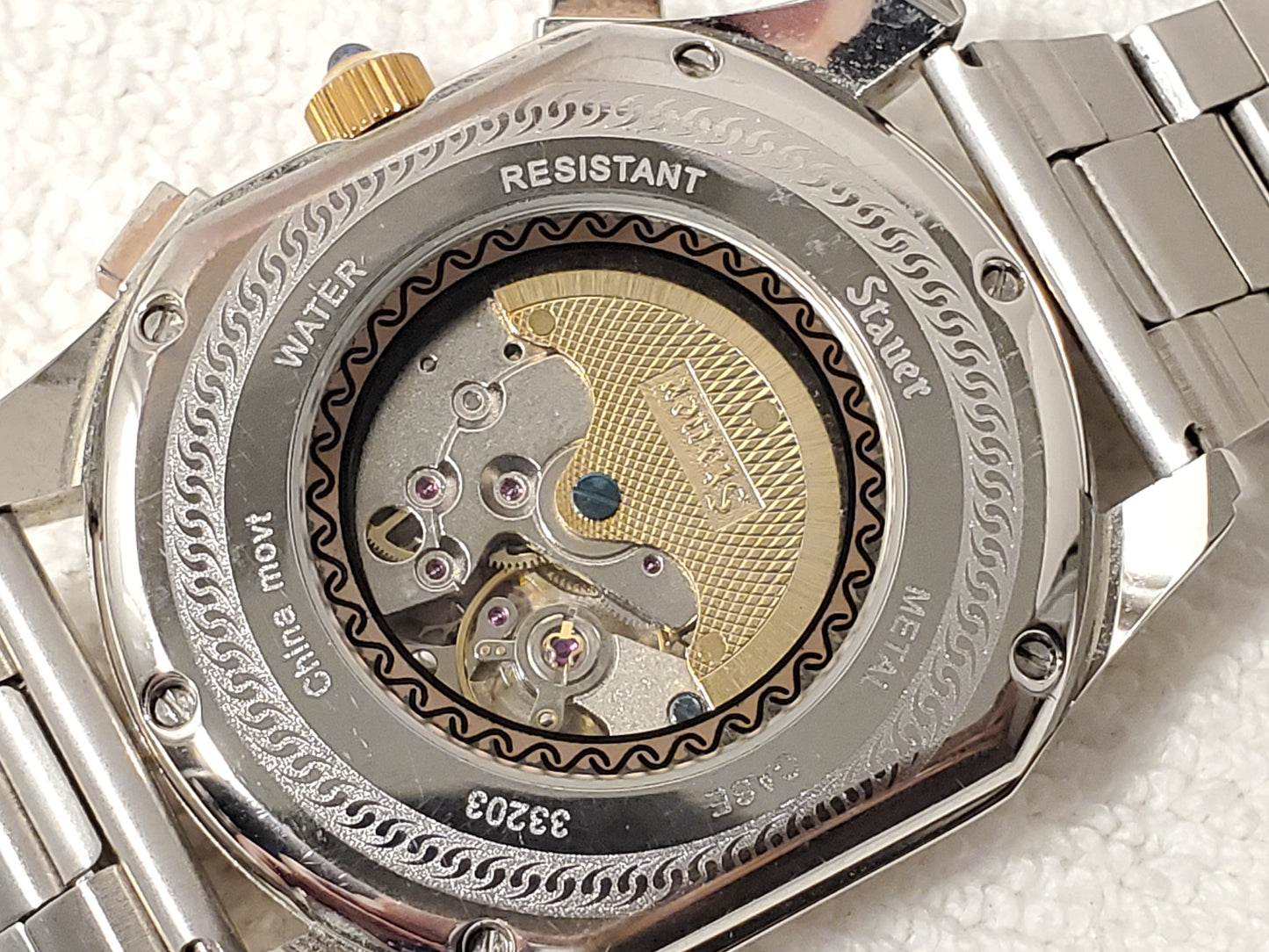 Vintage Stauer Automatic Men's Watch 27 Jewels Rose Gold Tone Black Dial S Steel