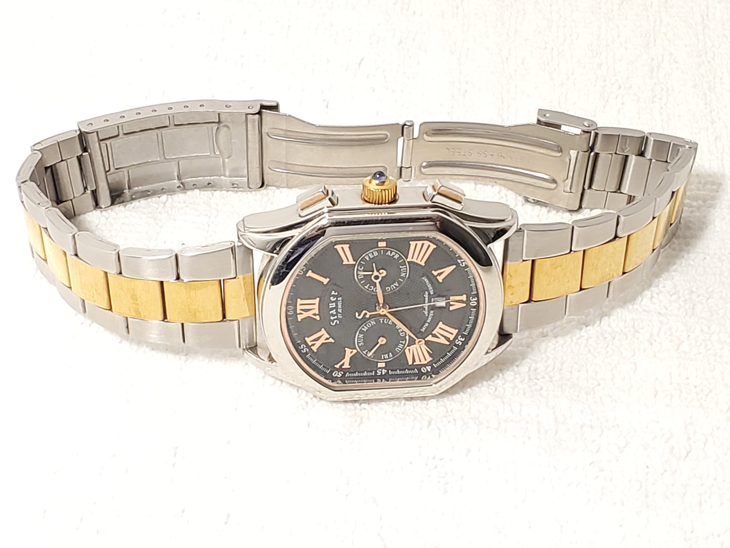 Vintage Stauer Automatic Men's Watch 27 Jewels Rose Gold Tone Black Dial S Steel