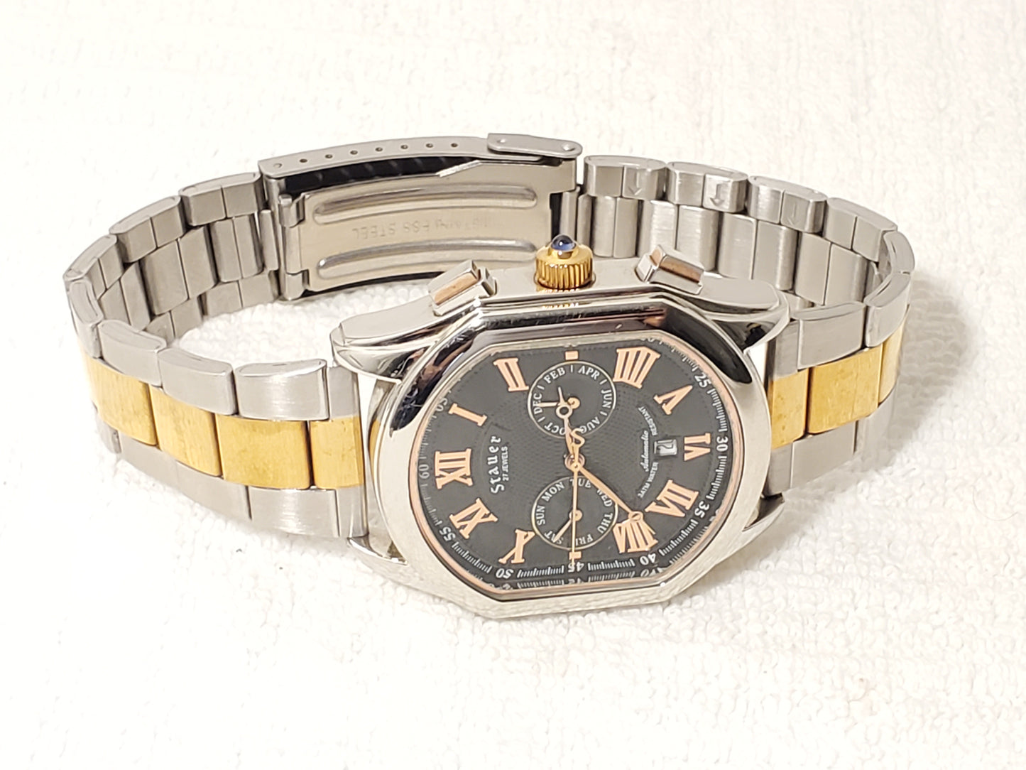 Vintage Stauer Automatic Men's Watch 27 Jewels Rose Gold Tone Black Dial S Steel