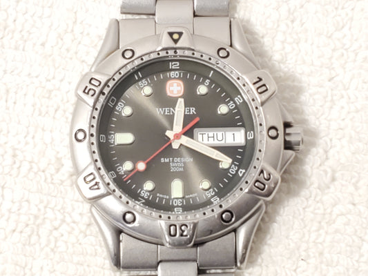 Vintage Wenger SMT Design Men's Day Date Watch WR 200 Meters Black Dial S Steel