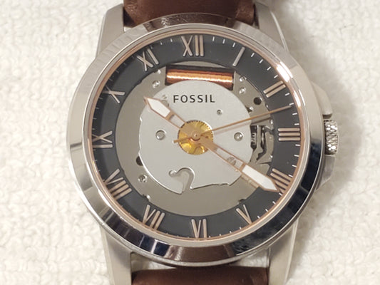 Vintage Fossil Men Brown Leather Rose Gold Tone Roman Numerals Watch Silver Dial