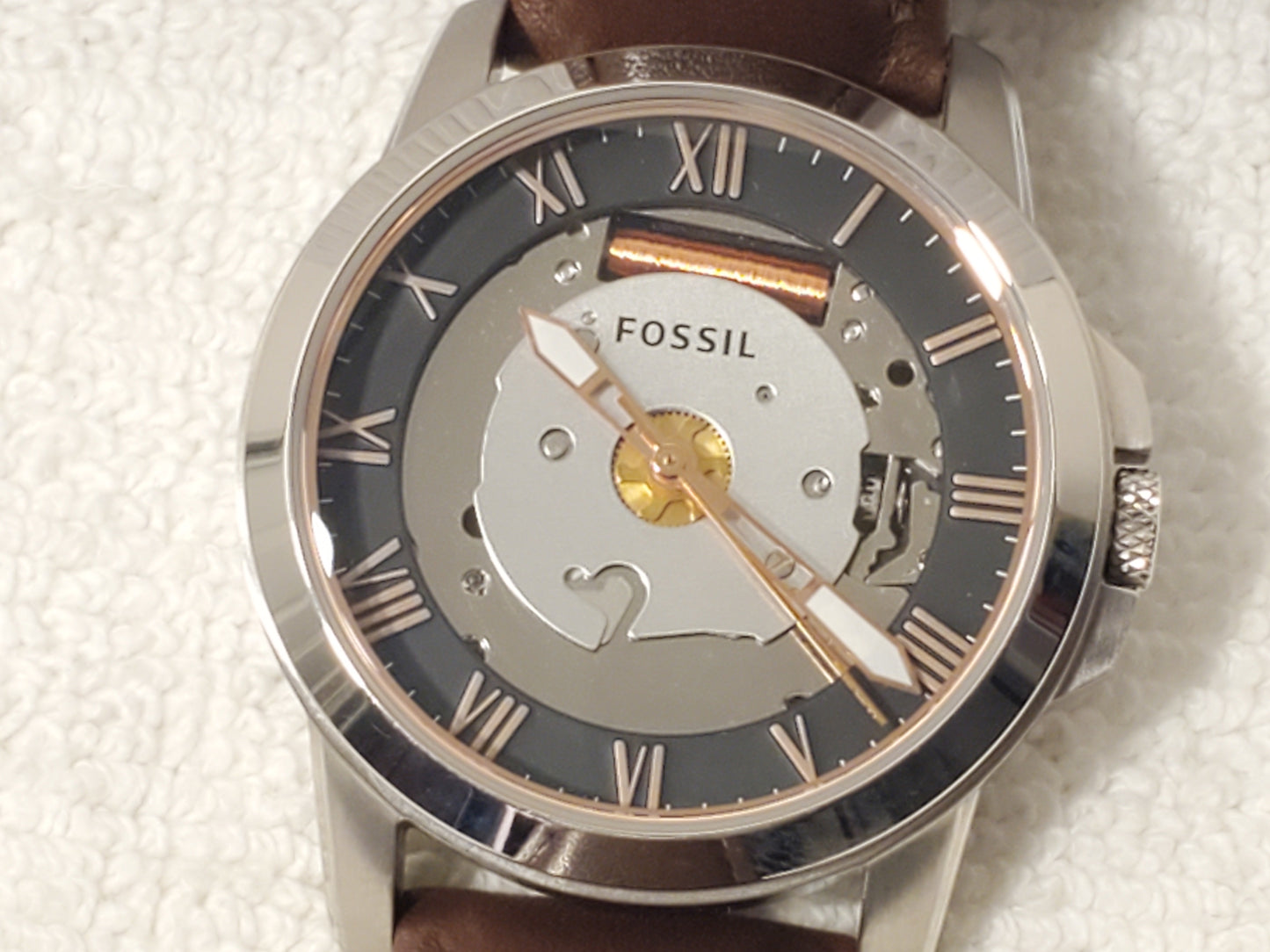 Vintage Fossil Men Brown Leather Rose Gold Tone Roman Numerals Watch Silver Dial