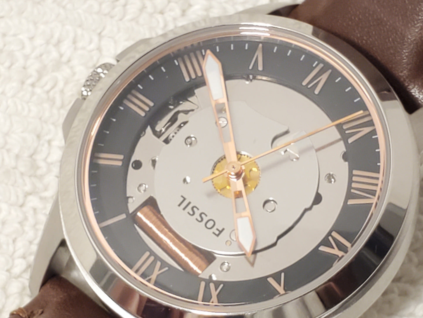 Vintage Fossil Men Brown Leather Rose Gold Tone Roman Numerals Watch Silver Dial