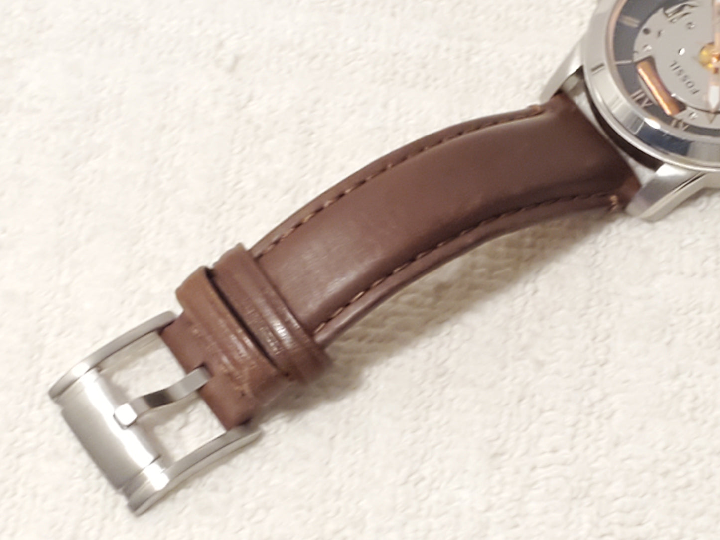 Vintage Fossil Men Brown Leather Rose Gold Tone Roman Numerals Watch Silver Dial