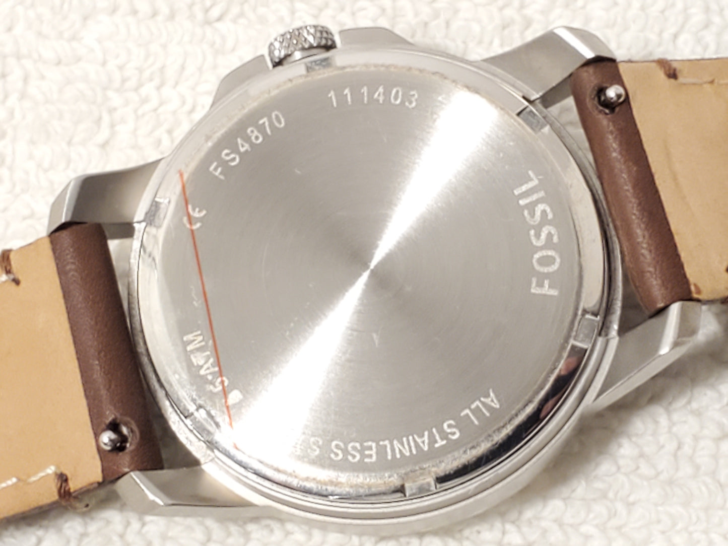 Vintage Fossil Men Brown Leather Rose Gold Tone Roman Numerals Watch Silver Dial