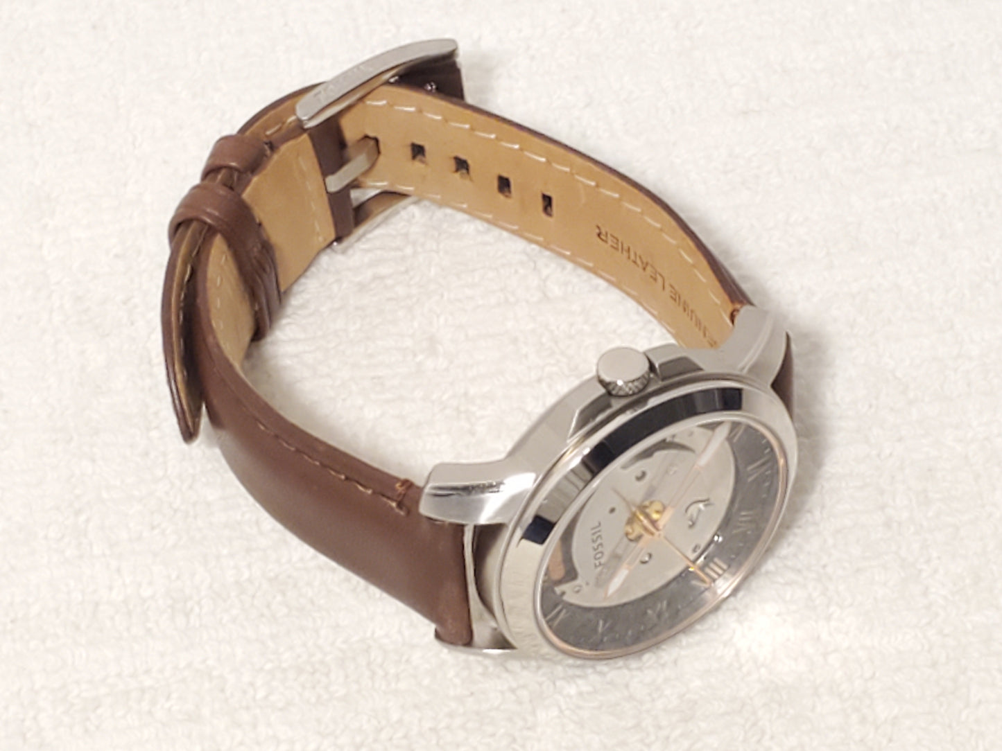 Vintage Fossil Men Brown Leather Rose Gold Tone Roman Numerals Watch Silver Dial