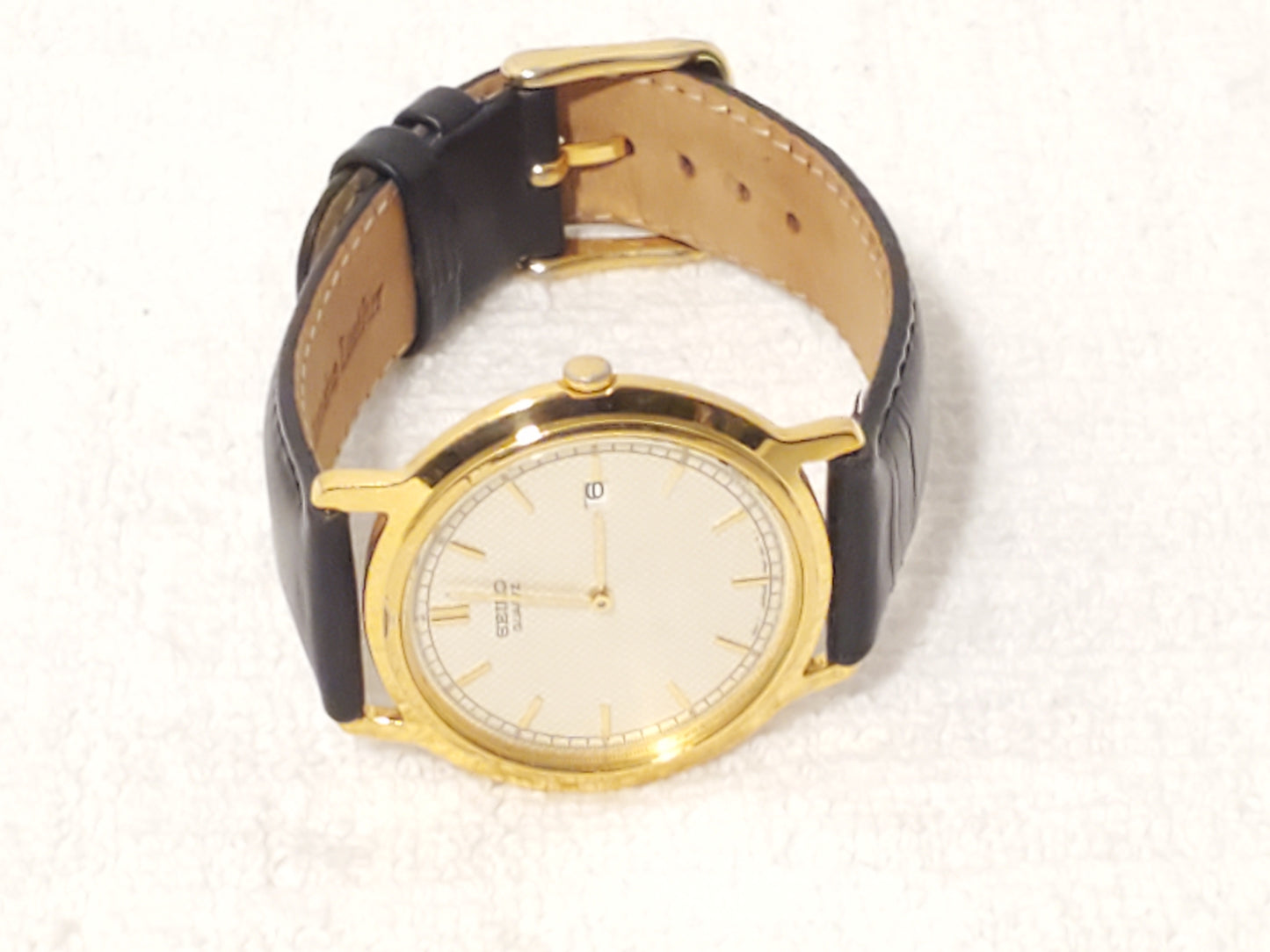 Vintage Seiko Men's Gold Tone Date Quartz Watch Black Leather Strap S Steel