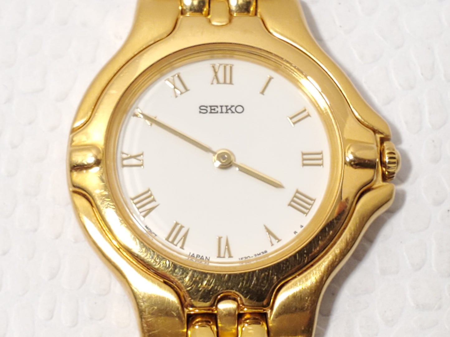 Vintage Seiko Women's Gold Plated Watch White Dial Roman Numerals Leather Strap