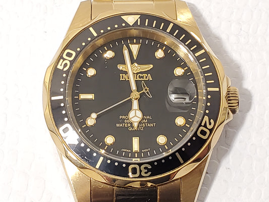 Invicta Men's Date Black Dial  Gold Plated Watch Stainless Steel WR 200 Meters
