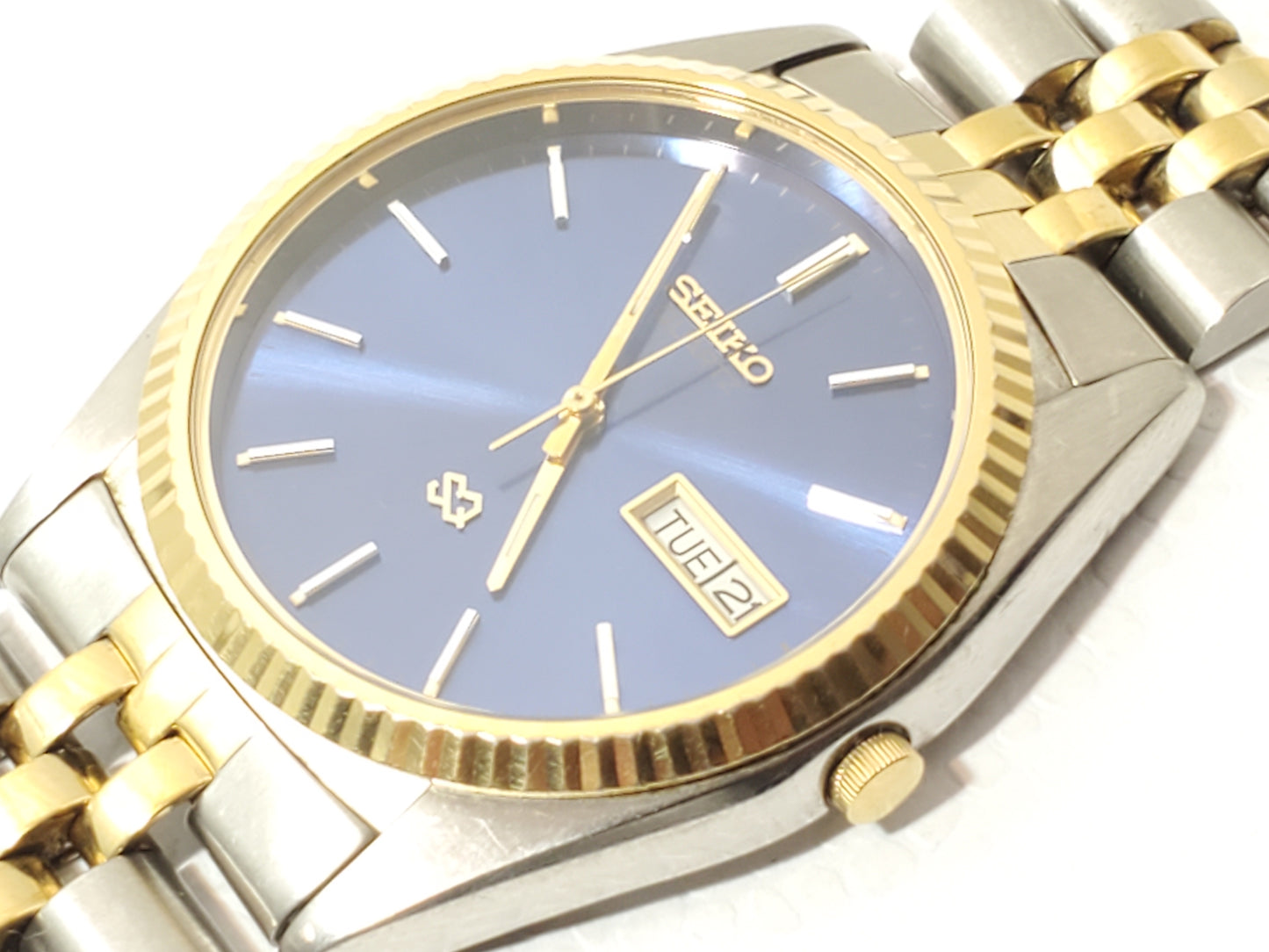 Vintage Seiko SQ Presidential Mens Blue Dial Gold Tone Day Date Watch 1 Jewel SS