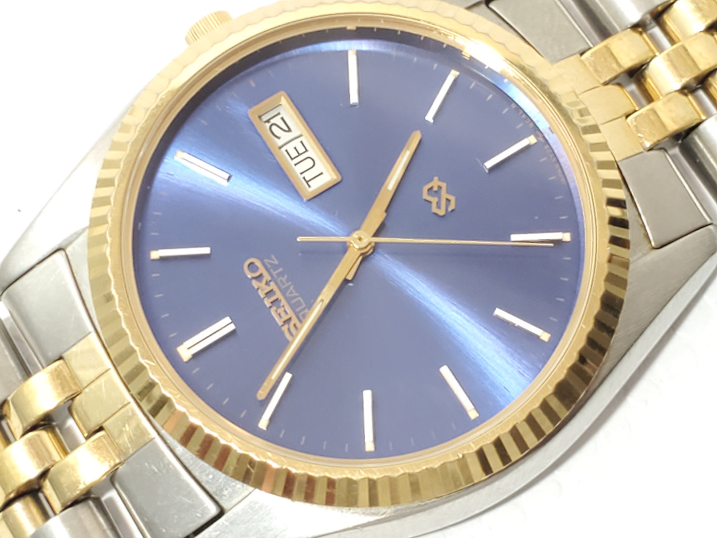 Vintage Seiko SQ Presidential Mens Blue Dial Gold Tone Day Date Watch 1 Jewel SS