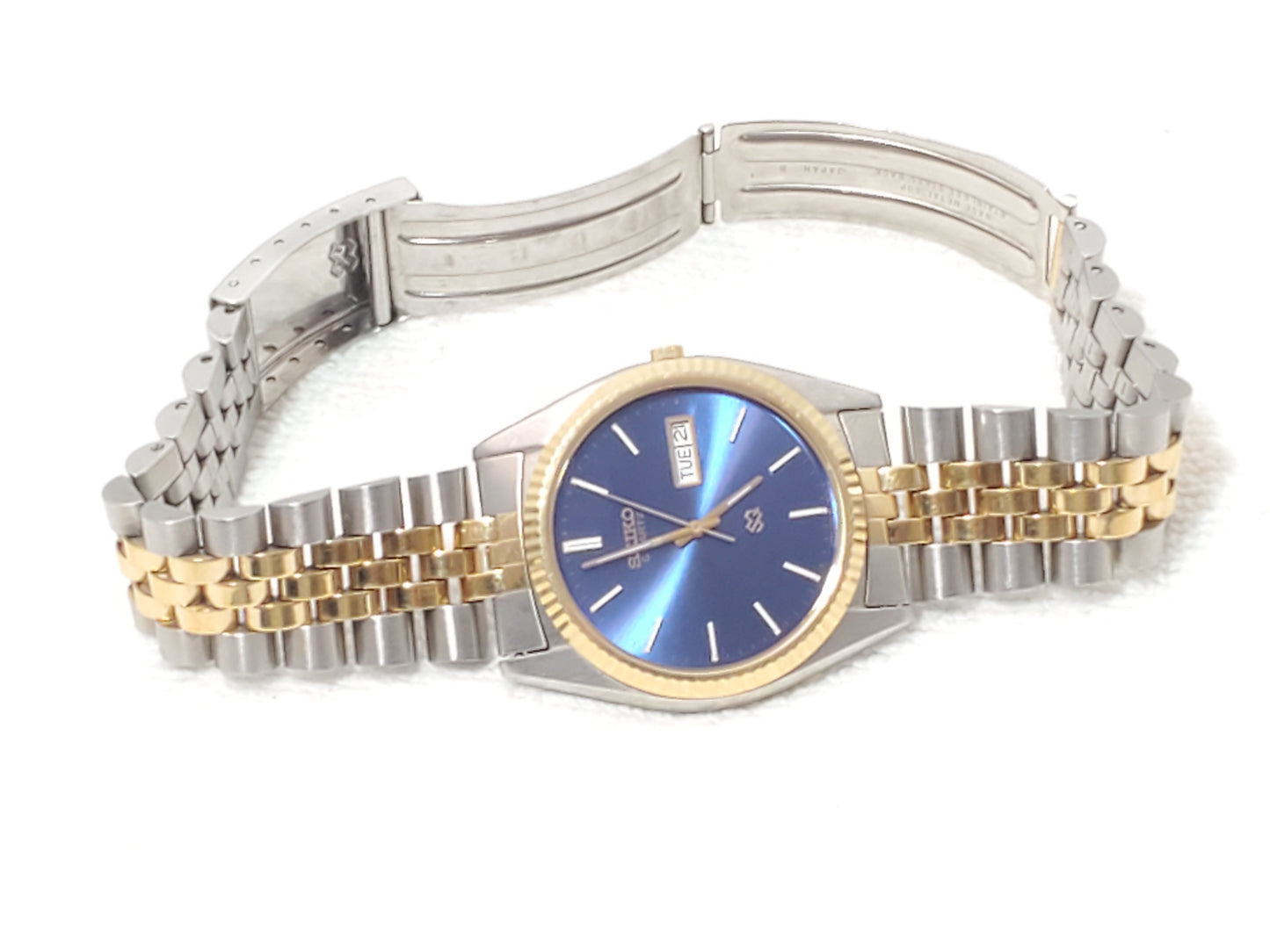 Vintage Seiko SQ Presidential Mens Blue Dial Gold Tone Day Date Watch 1 Jewel SS