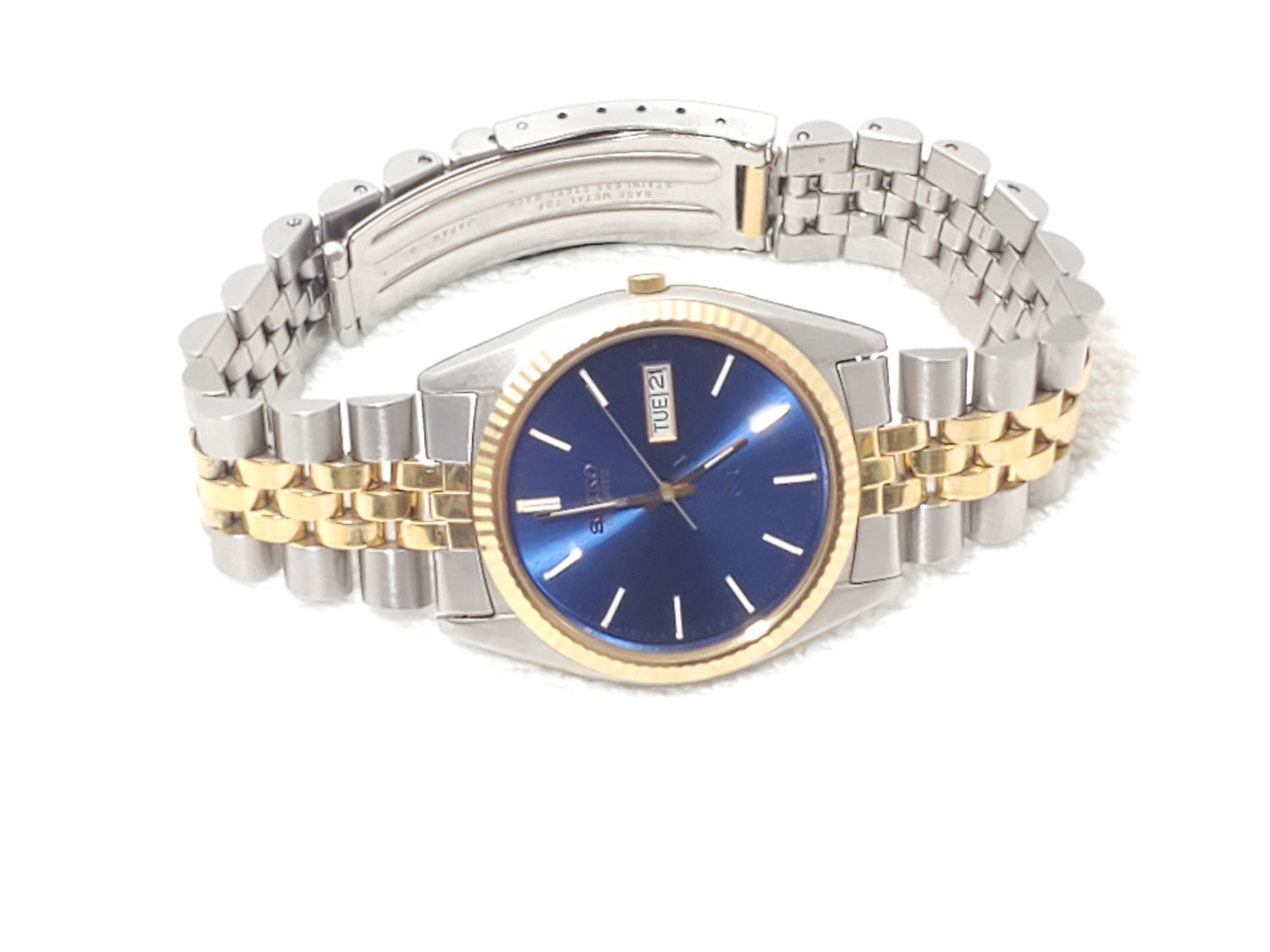 Vintage Seiko SQ Presidential Mens Blue Dial Gold Tone Day Date Watch 1 Jewel SS
