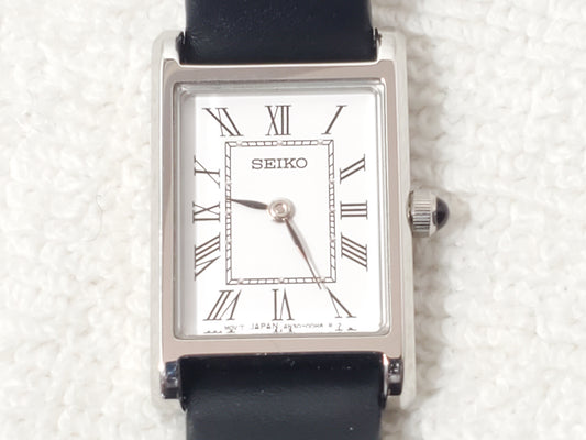 Vintage Seiko Women's Tank Watch White Dial Black Roman Numerals Leather Strap