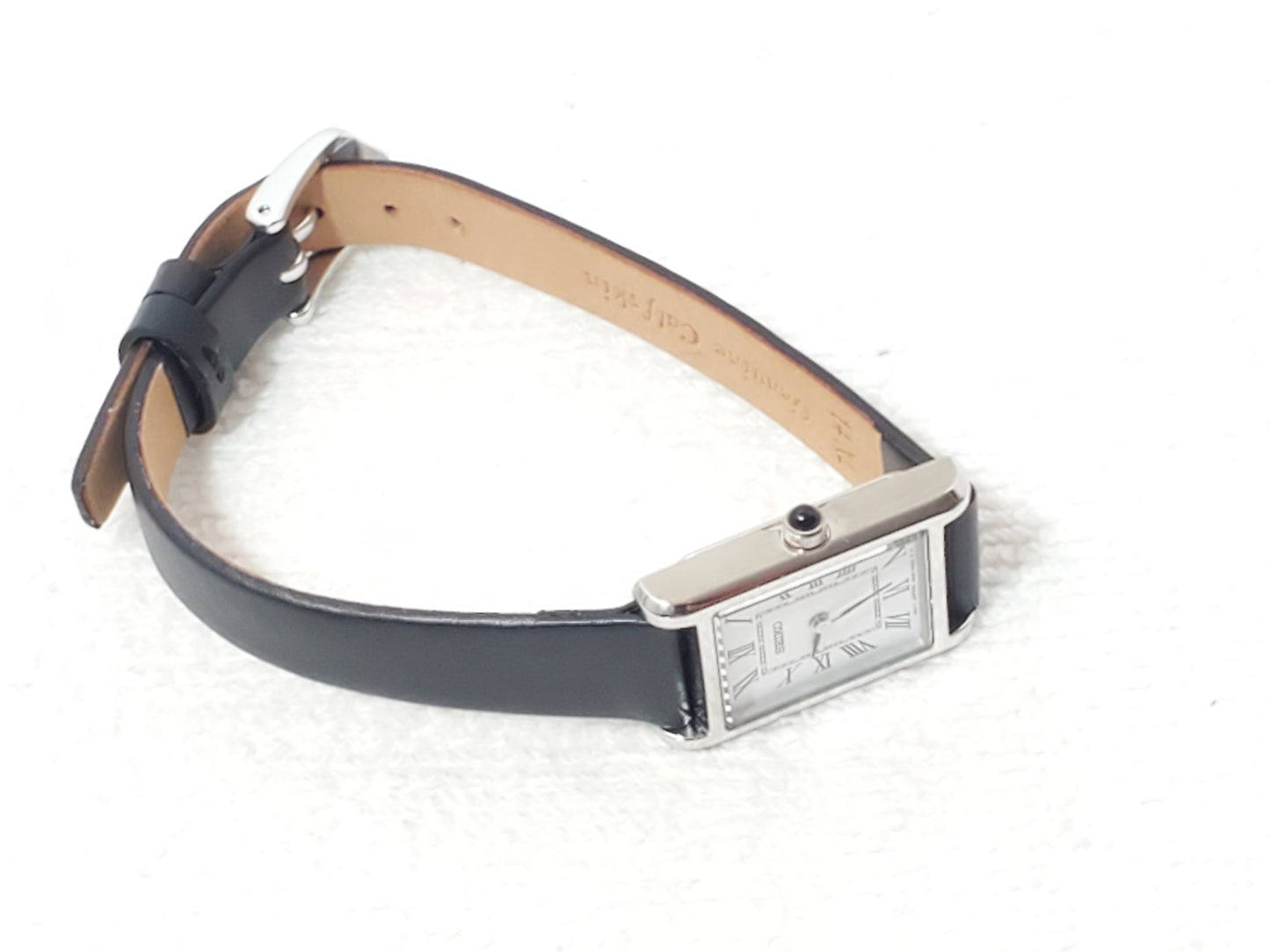 Vintage Seiko Women's Tank Watch White Dial Black Roman Numerals Leather Strap