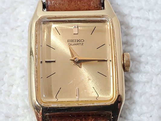 Vintage Seiko Women's Tank Quartz Watch Gold Plated Brown Strap Base Metal SS