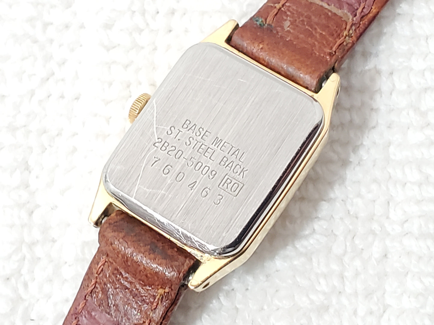 Vintage Seiko Women's Tank Quartz Watch Gold Plated Brown Strap Base Metal SS