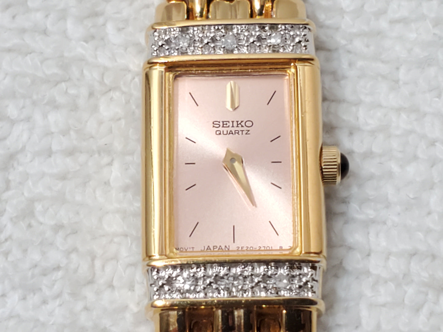 Vintage Seiko Women's Tank Watch Gold Tone Diamonds Bezel One Jewel Pink Dial SS