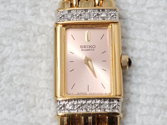 Vintage Seiko Women's Tank Watch Gold Tone Diamonds Bezel One Jewel Pink Dial SS