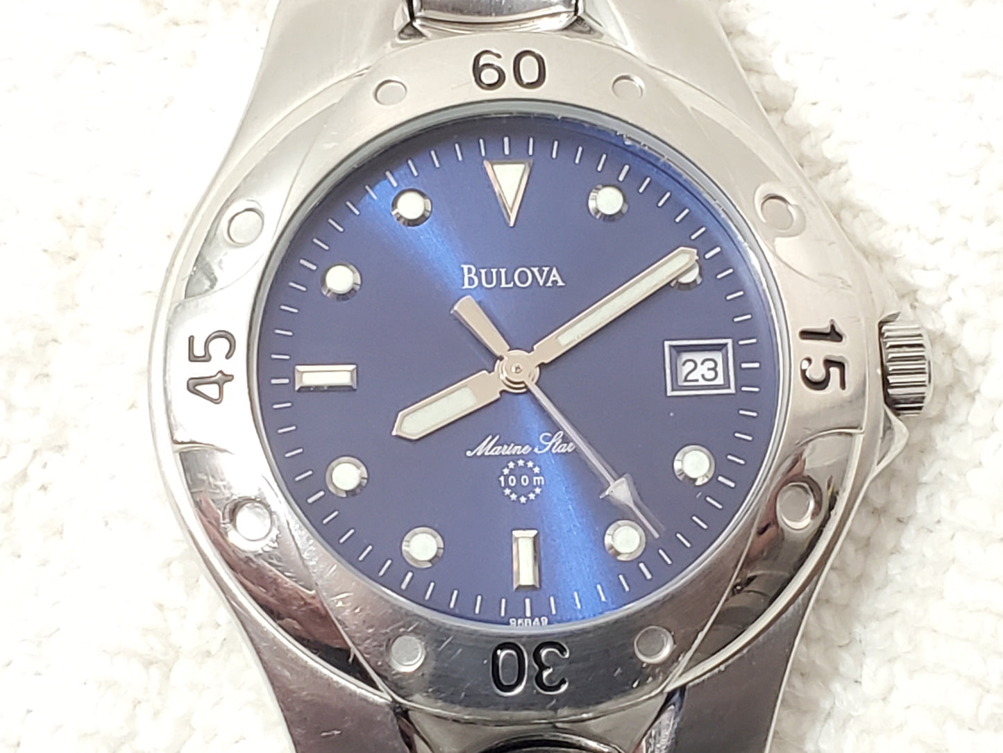Vintage Bulova Marine Star Blue Dial Date Men's Stainless Steel Quartz Watch