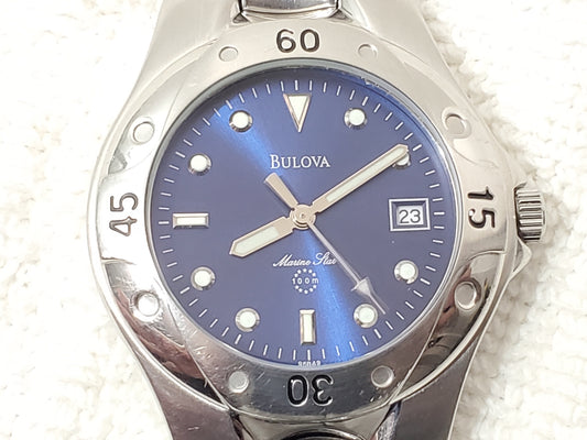 Vintage Bulova Marine Star Blue Dial Date Men's Stainless Steel Quartz Watch