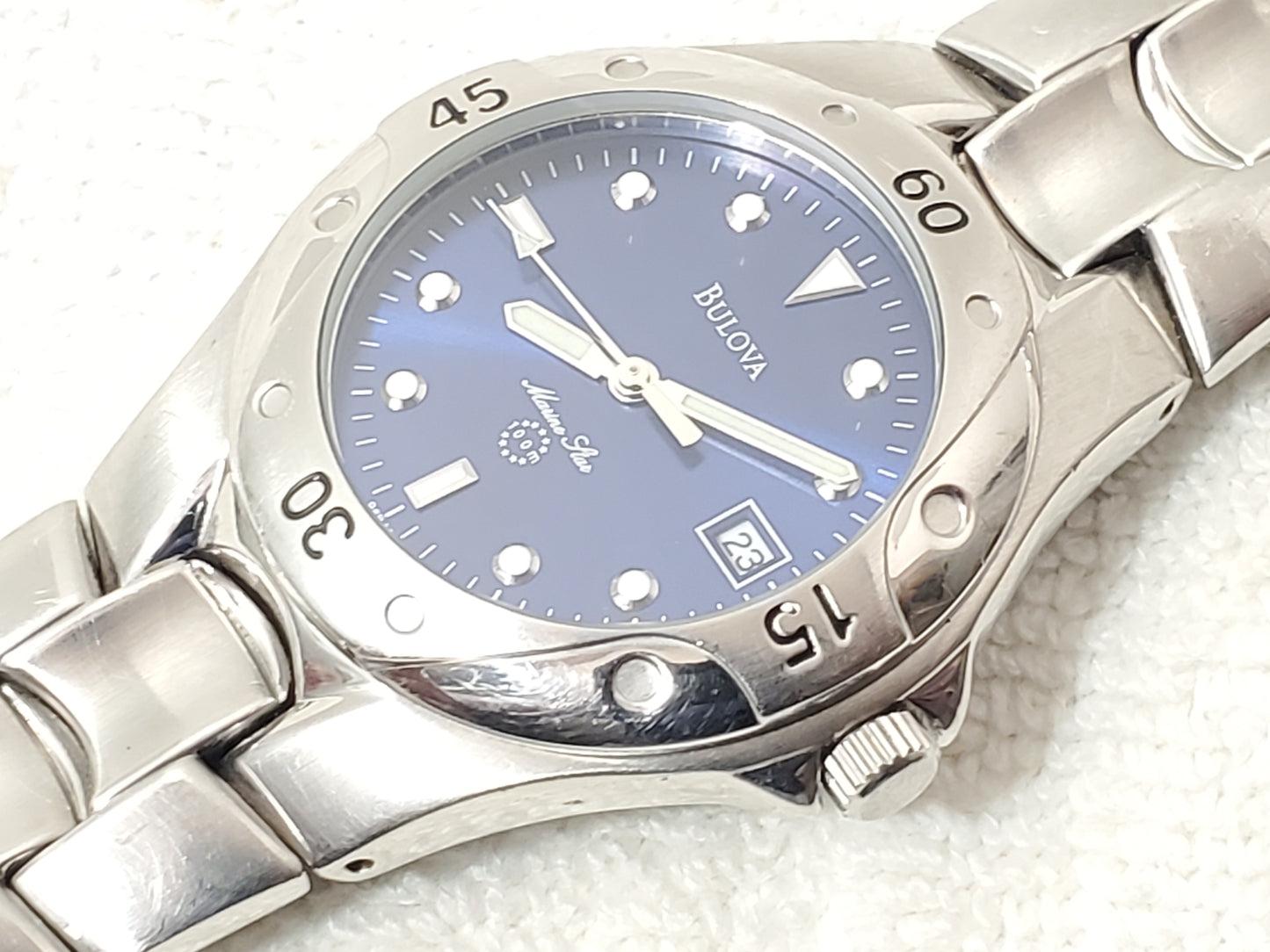 Vintage Bulova Marine Star Blue Dial Date Men's Stainless Steel Quartz Watch