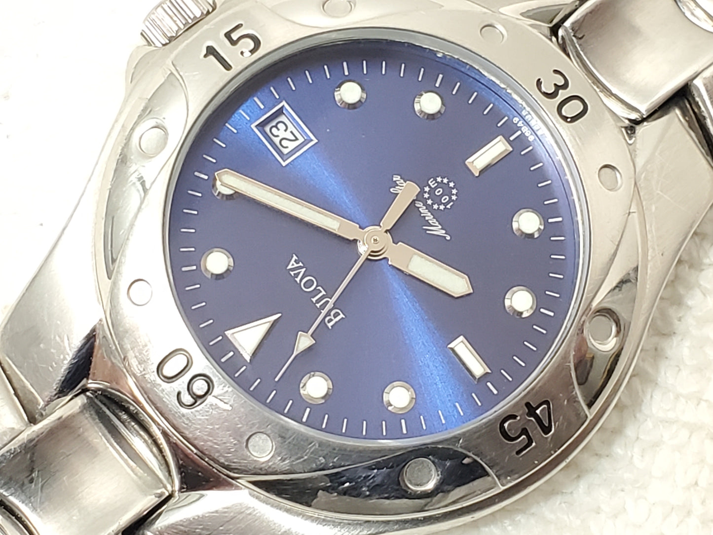 Vintage Bulova Marine Star Blue Dial Date Men's Stainless Steel Quartz Watch
