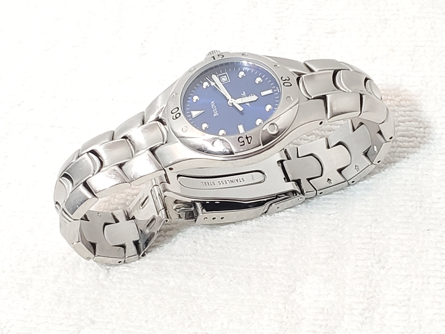 Vintage Bulova Marine Star Blue Dial Date Men's Stainless Steel Quartz Watch