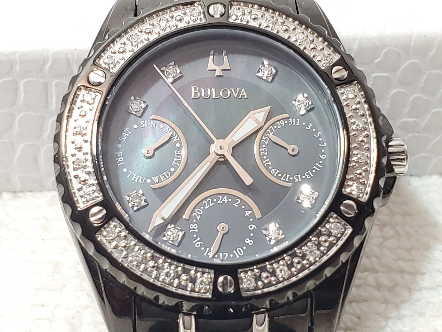 Vintage Bulova Women's Diamonds Watch Day Date Black S Steel Mother Pearl Dial