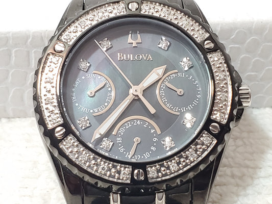 Vintage Bulova Women's Diamonds Watch Day Date Black S Steel Mother Pearl Dial