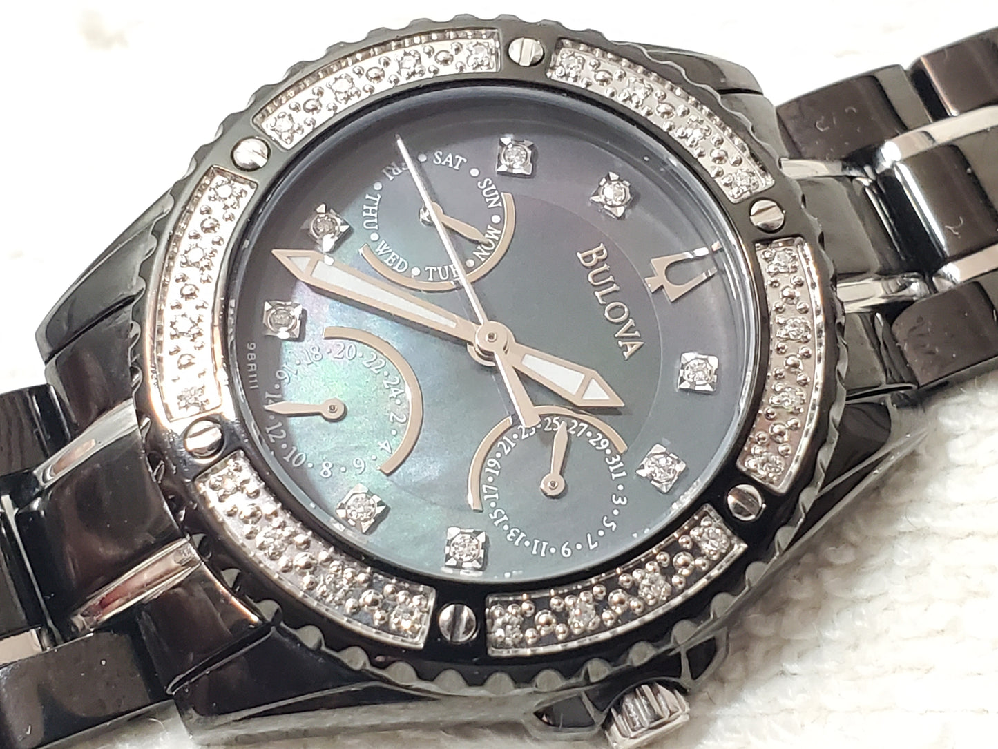 Vintage Bulova Women's Diamonds Watch Day Date Black S Steel Mother Pearl Dial