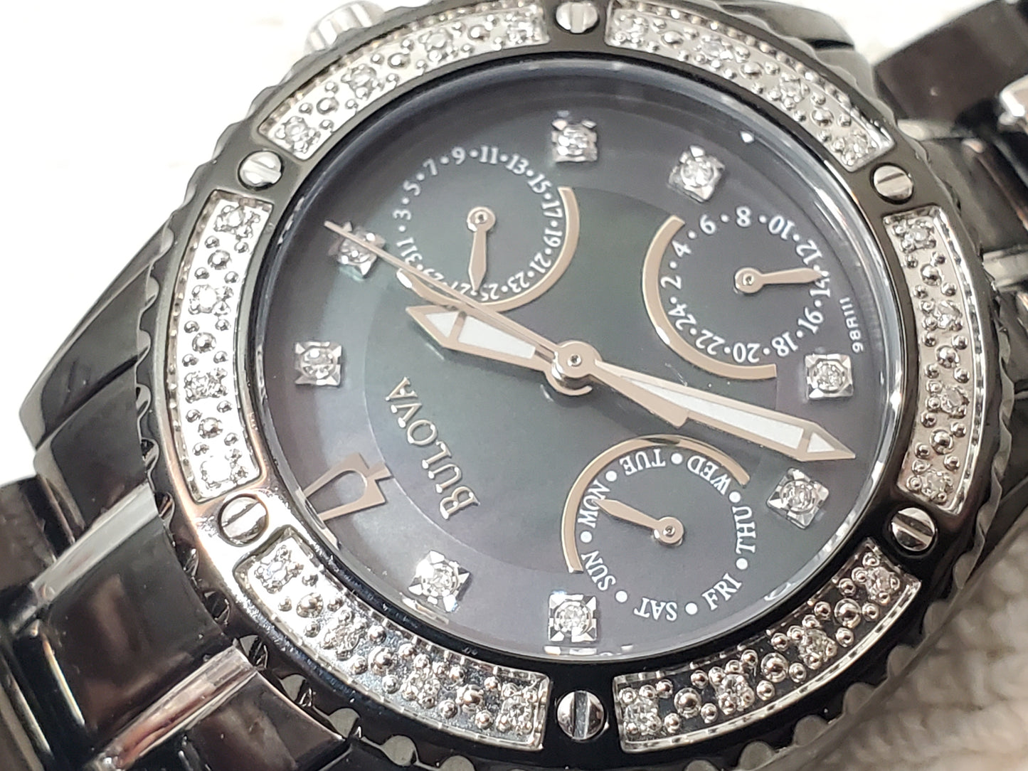 Vintage Bulova Women's Diamonds Watch Day Date Black S Steel Mother Pearl Dial
