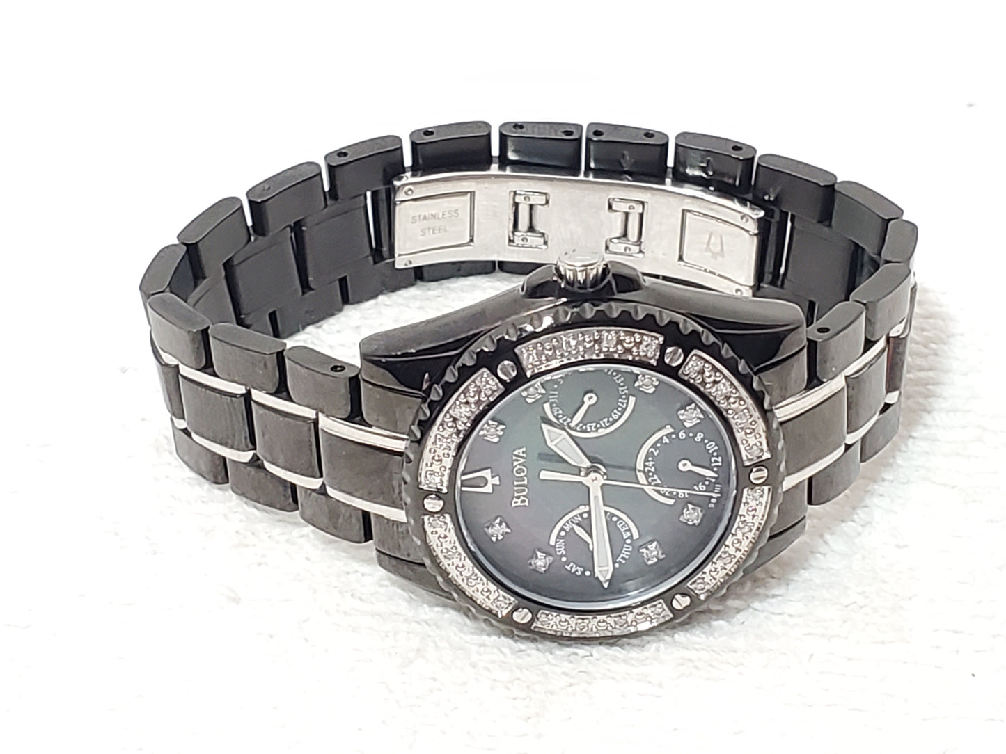 Vintage Bulova Women's Diamonds Watch Day Date Black S Steel Mother Pearl Dial