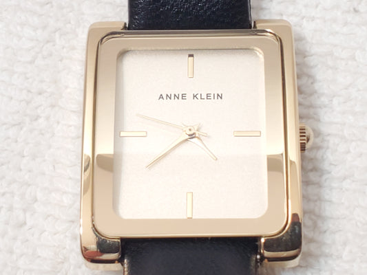 Vintage Anne Klein Gold Tone Tank Women's Quartz Watch Black Leather Strap SS