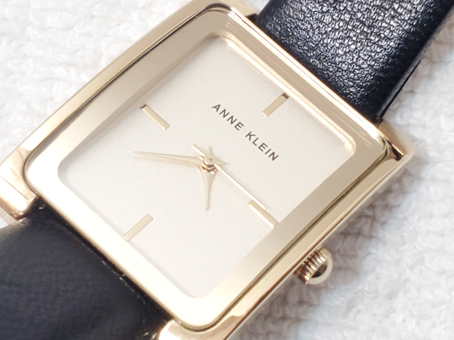 Vintage Anne Klein Gold Tone Tank Women's Quartz Watch Black Leather Strap SS