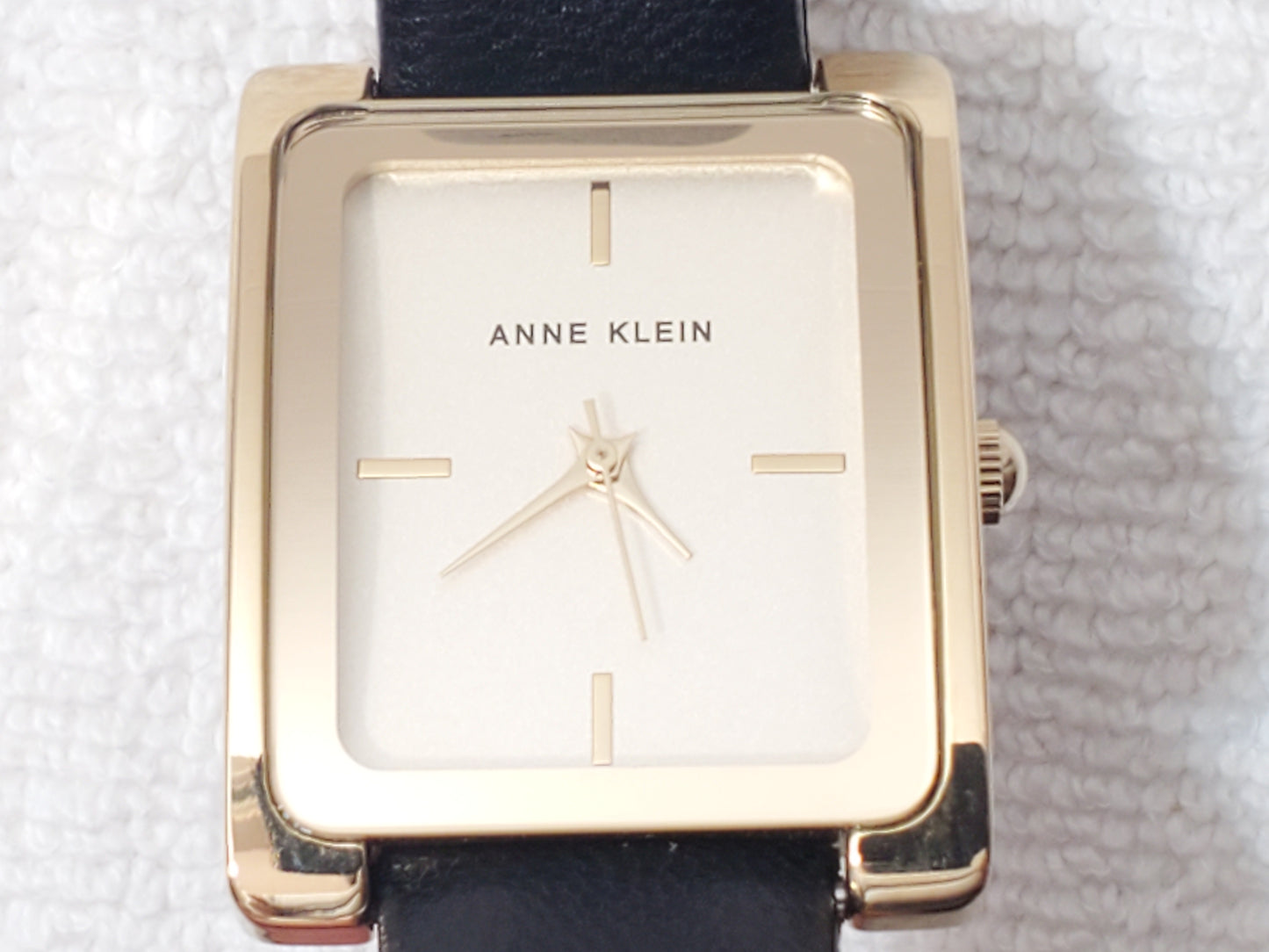 Vintage Anne Klein Gold Tone Tank Women's Quartz Watch Black Leather Strap SS
