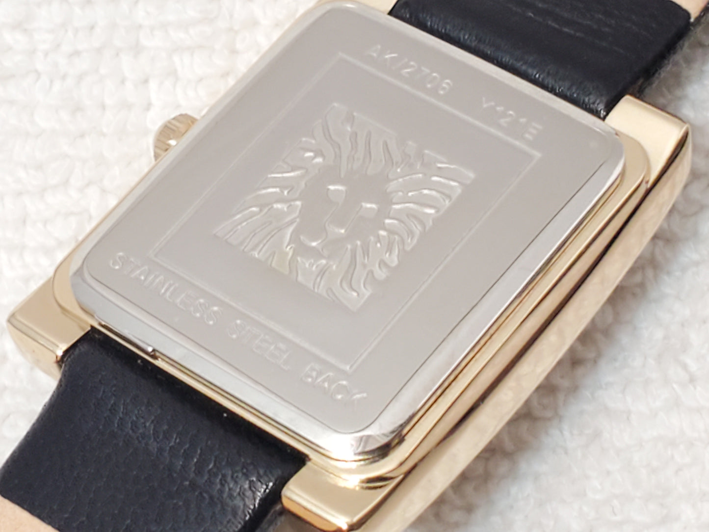 Vintage Anne Klein Gold Tone Tank Women's Quartz Watch Black Leather Strap SS
