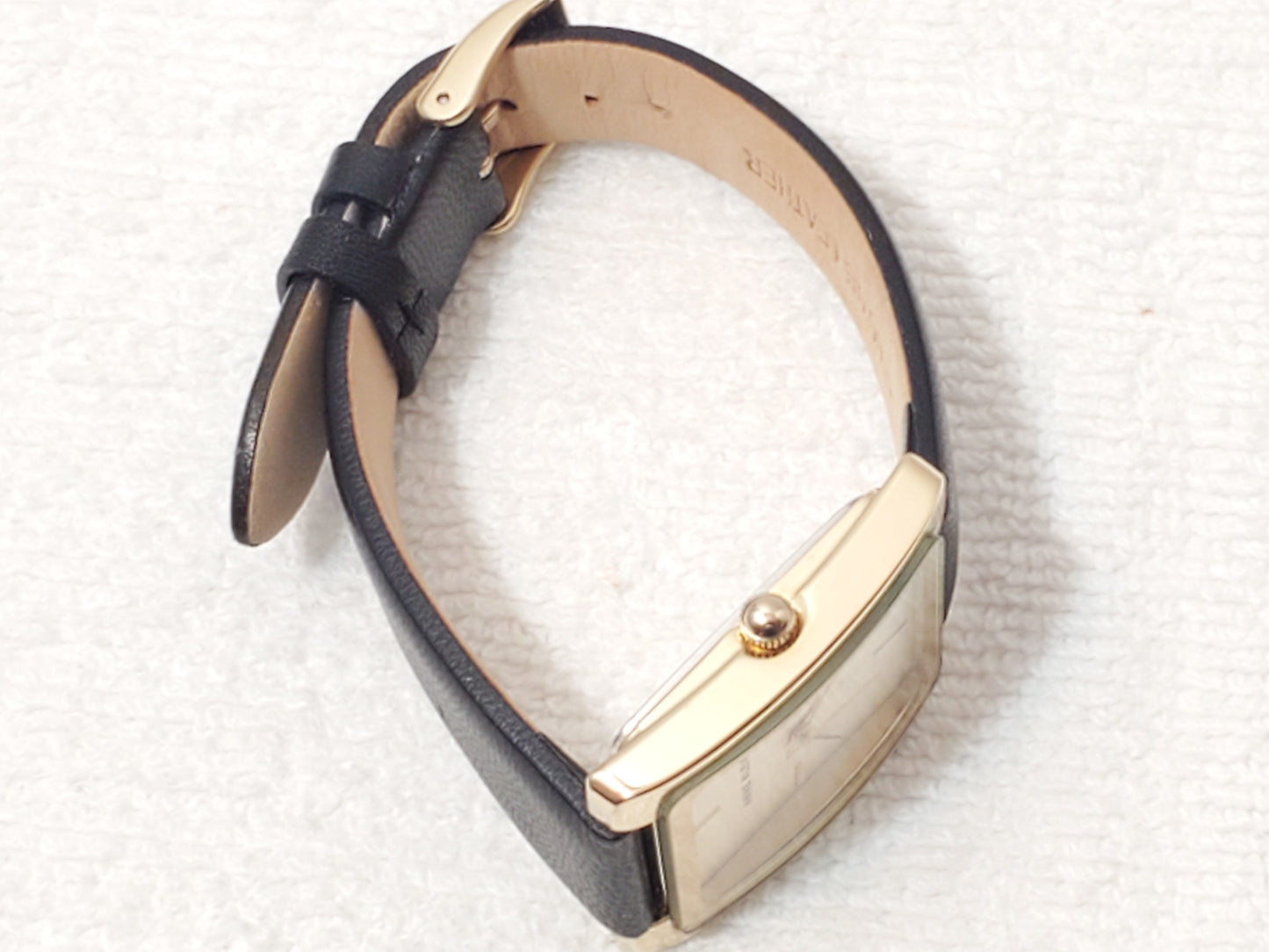 Vintage Anne Klein Gold Tone Tank Women's Quartz Watch Black Leather Strap SS