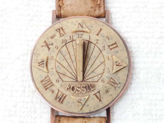 Vintage Fossil Sundial Watch Leather Strap Copper Case Stone Face S Steel Unisex