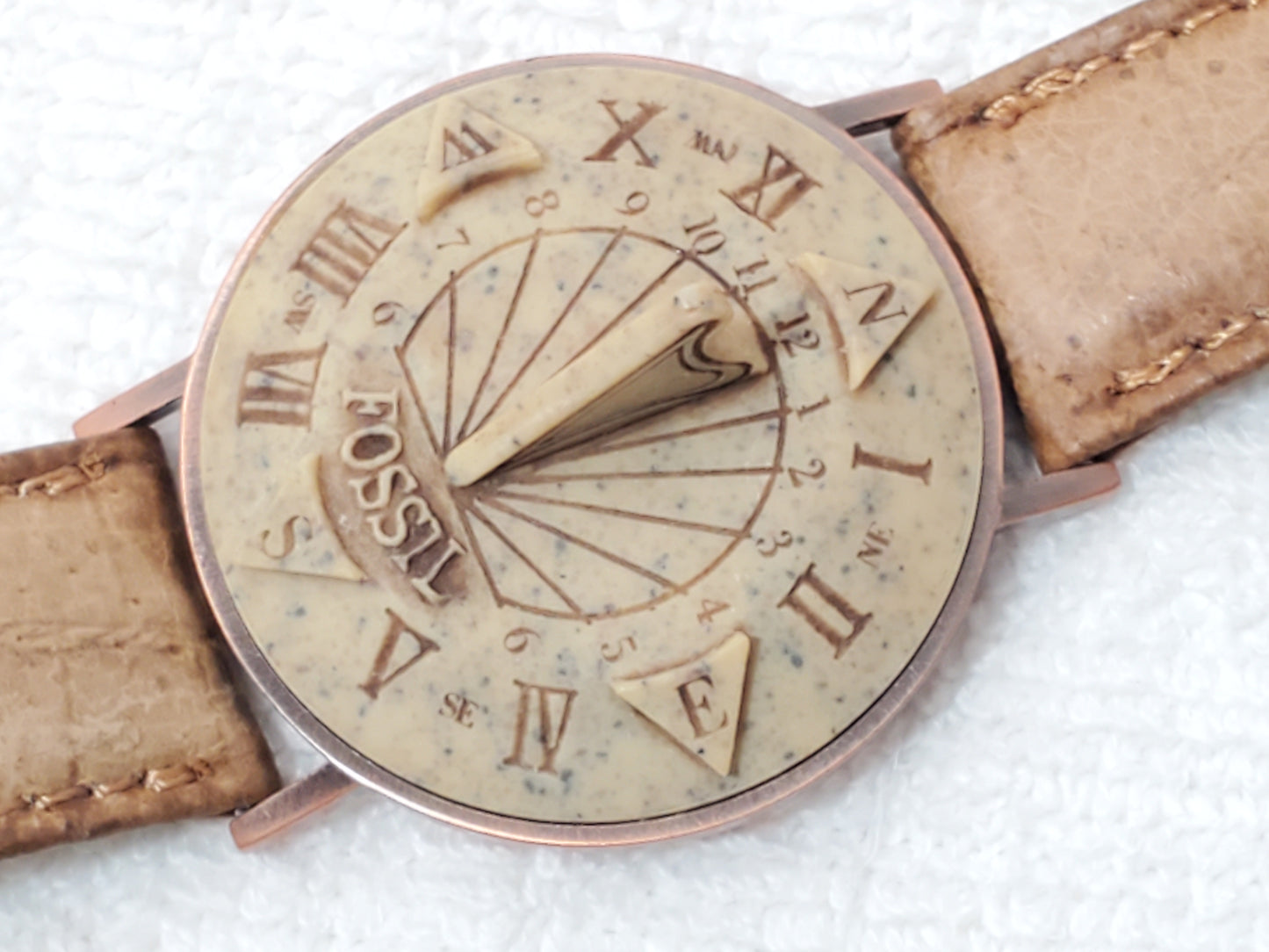 Vintage Fossil Sundial Watch Leather Strap Copper Case Stone Face S Steel Unisex