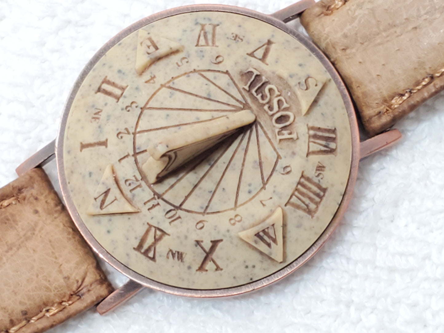 Vintage Fossil Sundial Watch Leather Strap Copper Case Stone Face S Steel Unisex