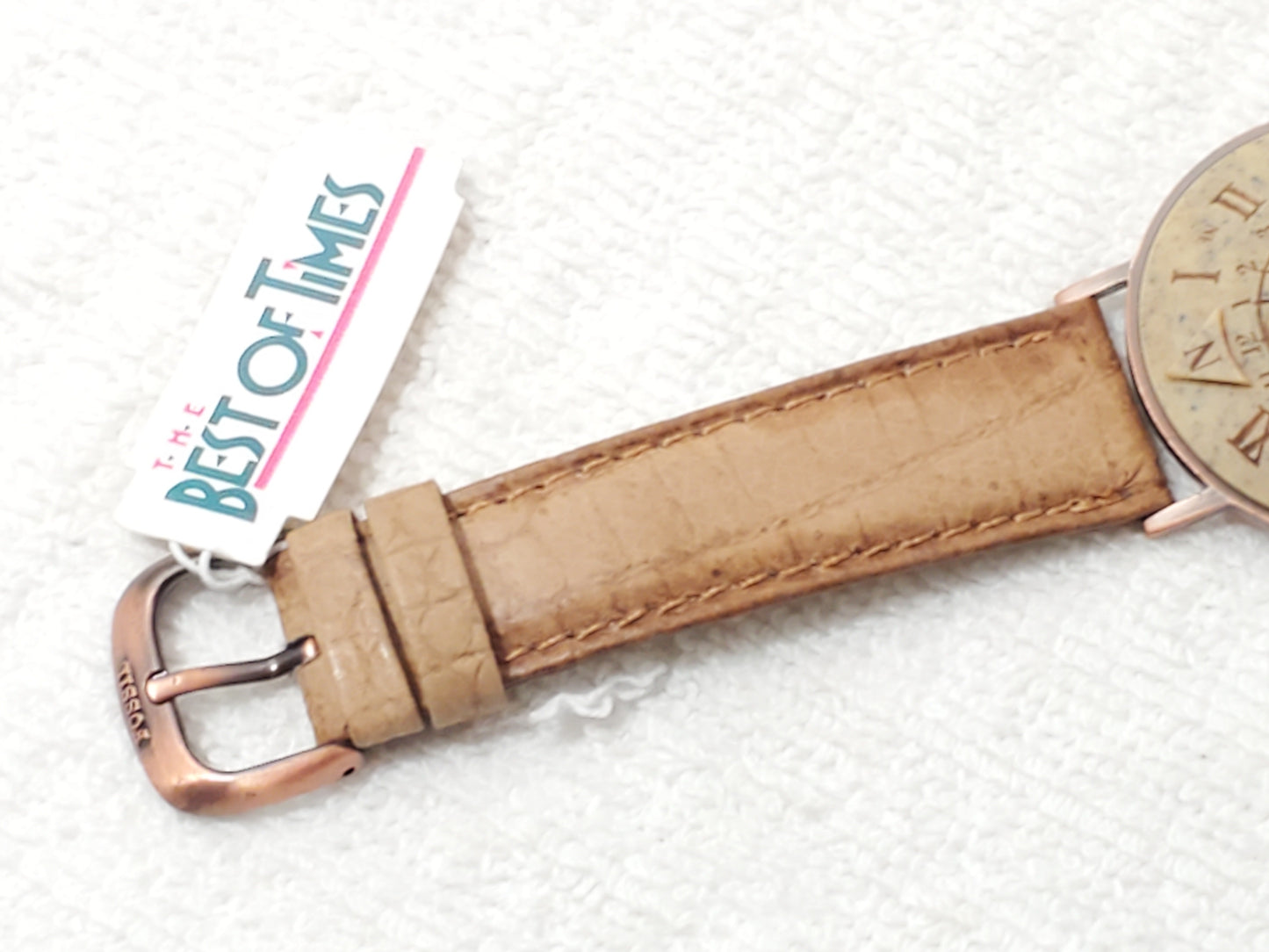 Vintage Fossil Sundial Watch Leather Strap Copper Case Stone Face S Steel Unisex