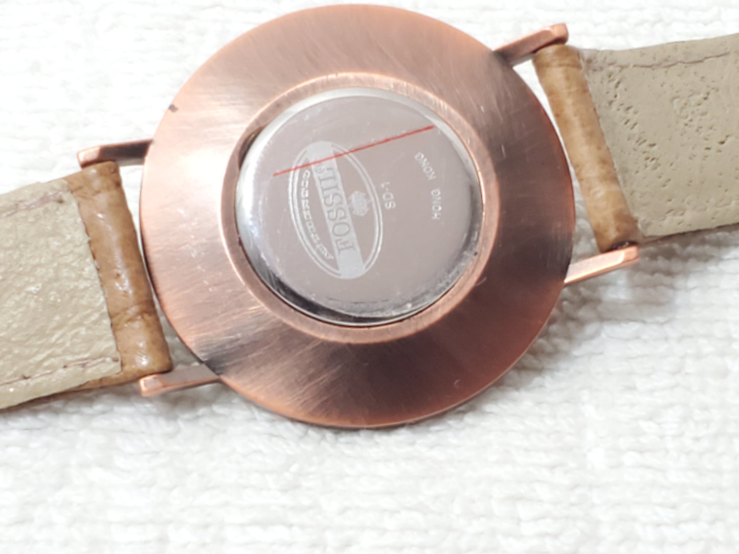 Vintage Fossil Sundial Watch Leather Strap Copper Case Stone Face S Steel Unisex