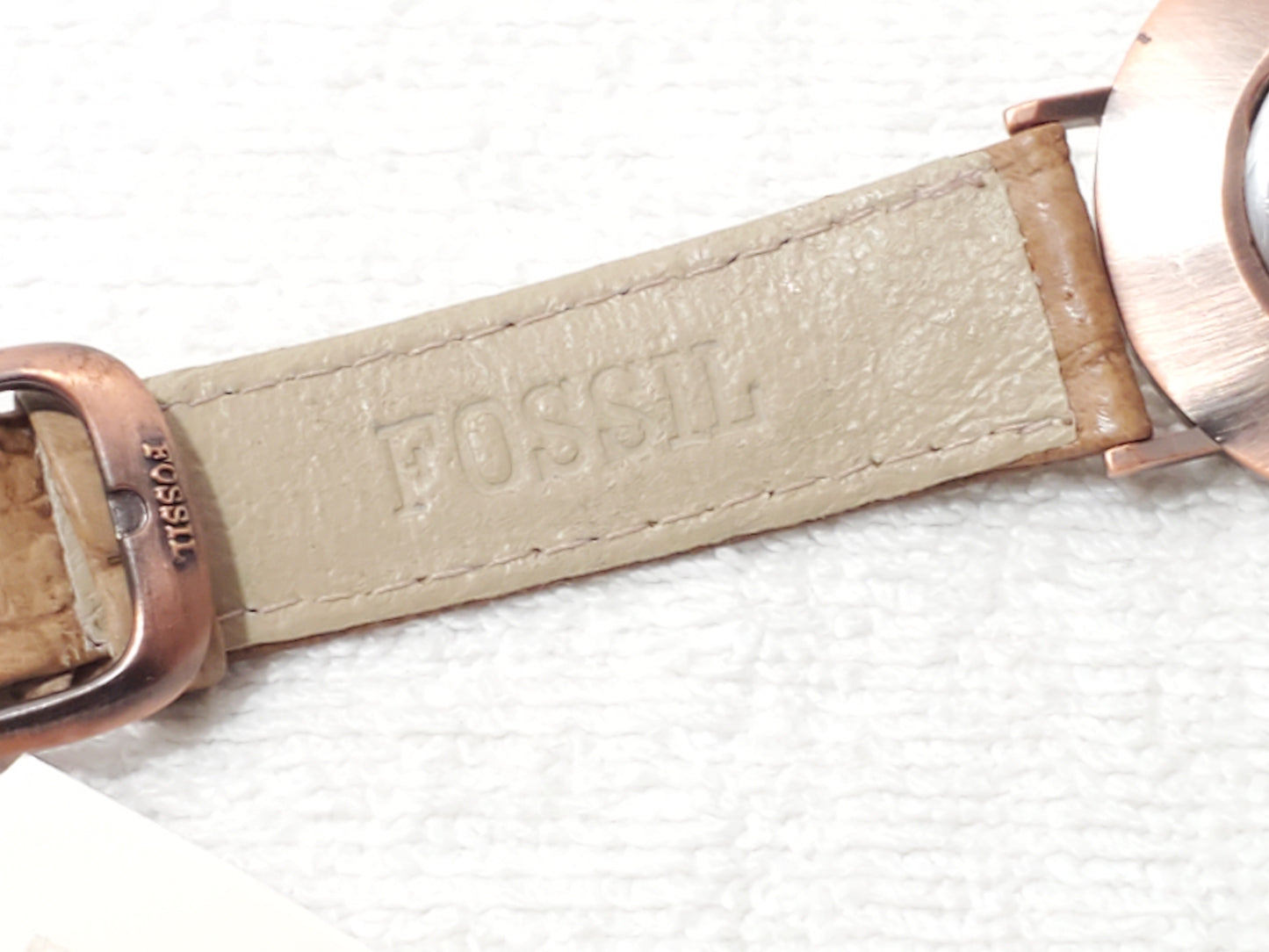 Vintage Fossil Sundial Watch Leather Strap Copper Case Stone Face S Steel Unisex