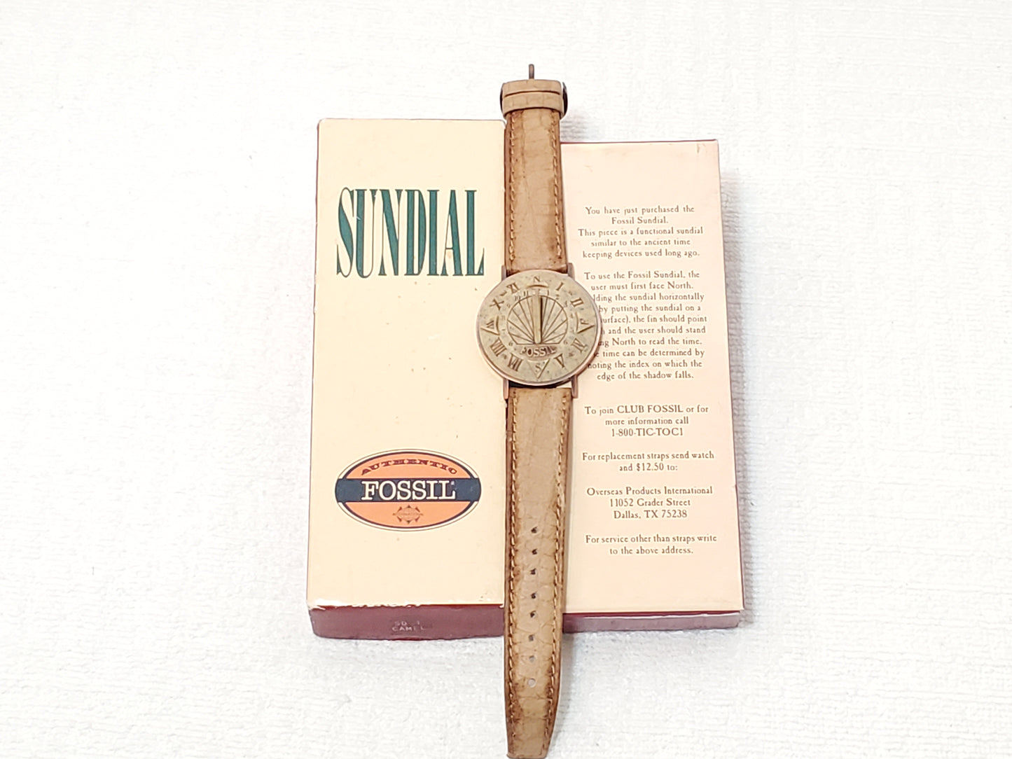 Vintage Fossil Sundial Watch Leather Strap Copper Case Stone Face S Steel Unisex